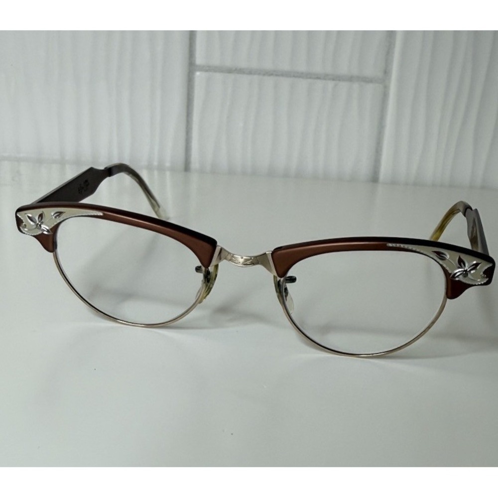 VTG Cat-Eye Aluminum Art Craft Eyeglasses Copper & Silver Clear Lens MCM VGUC